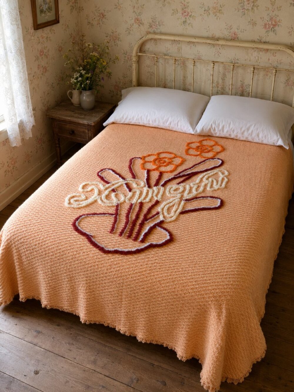 Vintage Peach Chenille Double Bedspread Flower Motif Cottagecore